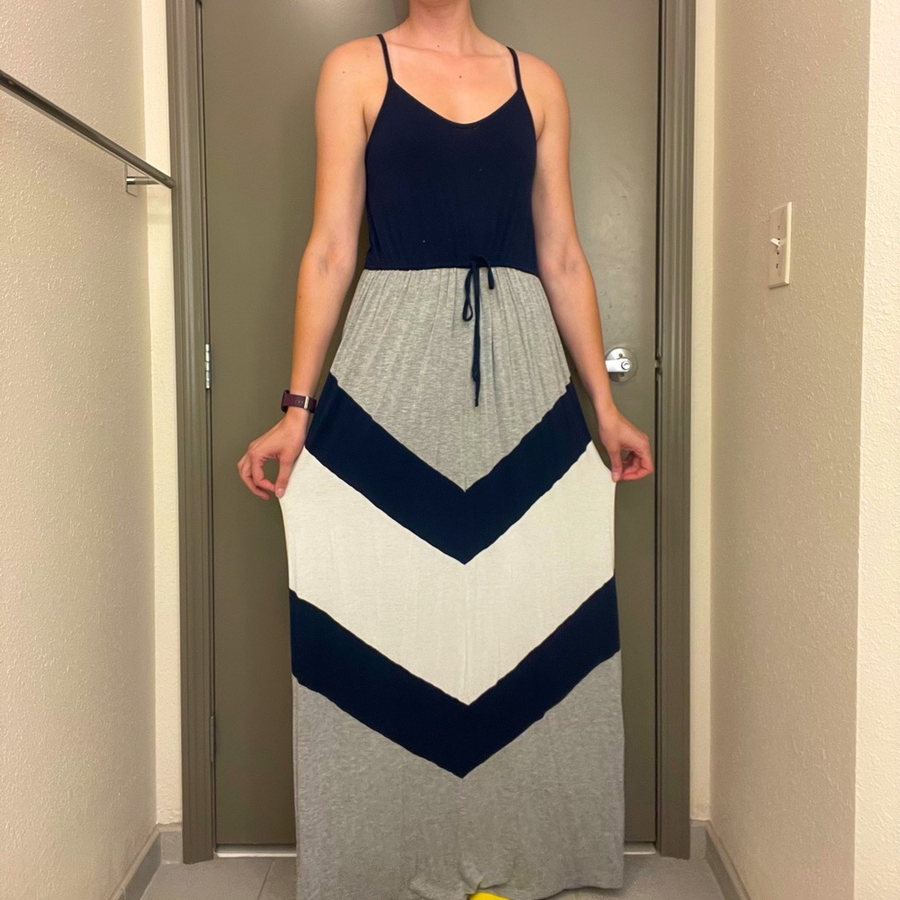 Navy, Grey, and White Chevron Jersey Maxi Dress  (Extra Length/Tall)